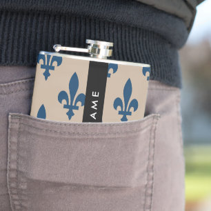 Fleur de Lis, marineblauw op beige, Koninklijk, Uw Heupfles