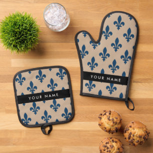 Fleur de Lis, marineblauw op beige, koninklijk, Uw Ovenwant & Pannenlap Set