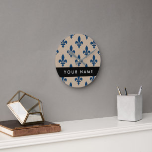 Fleur de Lis, marineblauw op beige, koninklijk, Uw Ronde Klok