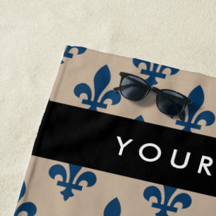 Fleur de Lis, marineblauw op beige, koninklijk, Uw Strandlaken