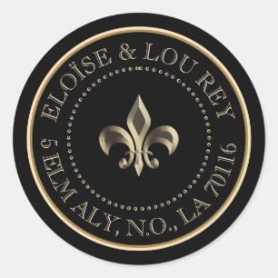 Fleur de Lis Metallic Gold Black Return Address Ronde Sticker