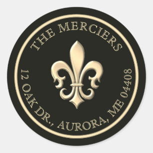 Fleur de Lis Metallic Gold Black Return Address Ronde Sticker