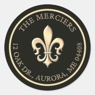 Fleur de Lis Metallic Gold Black Return Address Ronde Sticker