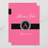 Fleur de Lis Monogram Wedding Invitations Hot Pink Kaart (Voorkant / Achterkant)