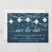 Fleur de Lis Navy Blue Lights | Rustic Wedding Save The Date (Voorkant)