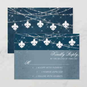 Fleur de Lis Navy Blue Lights Rustiek schrift RSVP Kaartje