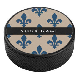 Fleur de Lis, Navy Blue on Beige, Royal, Your Name Hockey Puck