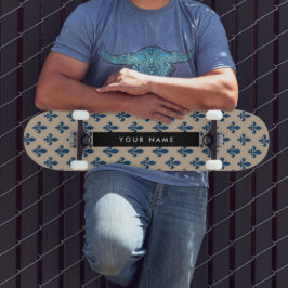 Fleur de Lis, Navy Blue on Beige, Royal, Your Name Skateboard