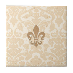 Fleur de Lis op Beige Damask Tegeltje