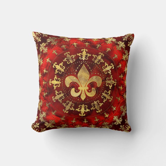 Fleur-de-lis ornament Red Marble and Gold Kussen (Voorkant)
