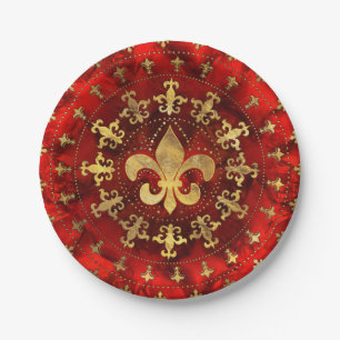 Fleur-de-lis ornament Red Marble and Gold Papieren Bordje