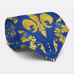 Fleur-de-lis patroon blauwe marmer en goud stropdas