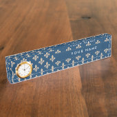 Fleur de Lis Patroon, Frans, Royal, Crème, Blauw Naambordje (Zijkant)