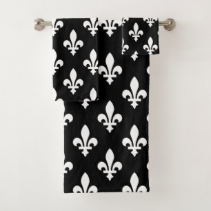 Fleur de Lis Patroon, Koninklijk Frans, Wit op Zwa Bad Handdoek