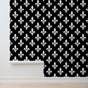 Fleur de Lis Patroon, Koninklijk Frans, Wit op Zwa Behang