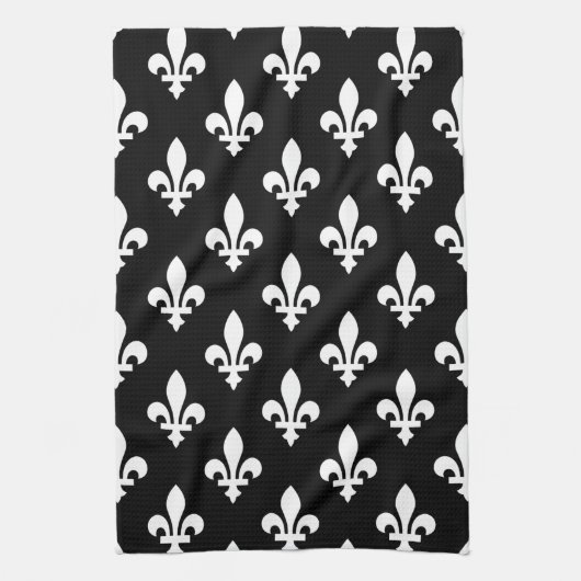 Fleur de Lis Patroon, Koninklijk Frans, Wit op Zwa Theedoek (Verticaal)