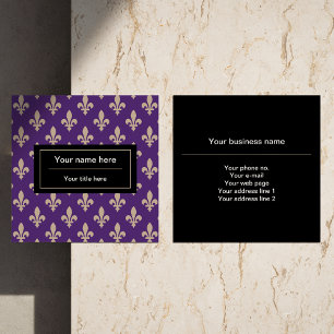 Fleur de Lis Pattern, Frans, Royal, Crème, Paarse Vierkante Visitekaartje