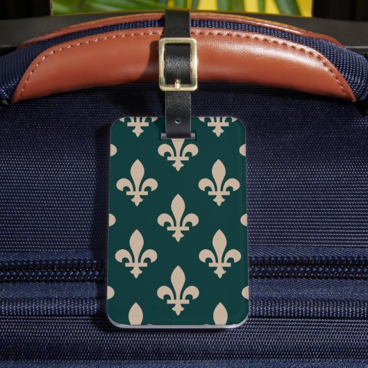 Fleur de Lis Pattern, Royal Franse crème op groen Bagagelabel (Voorkant Insitu 2)