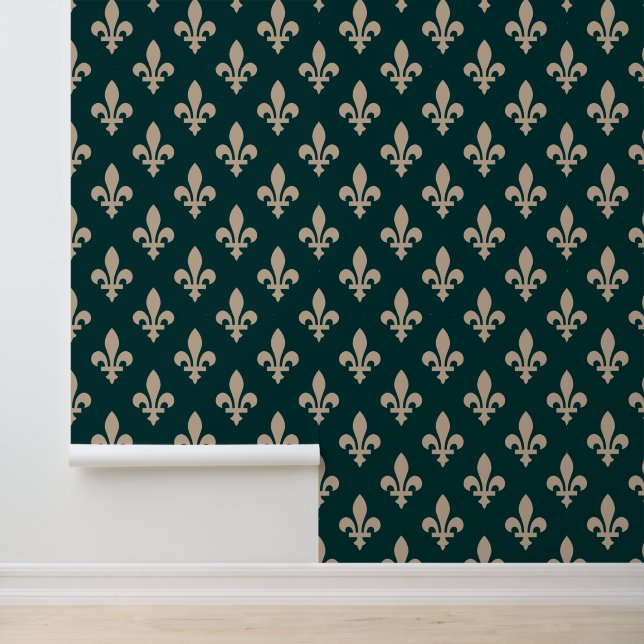 Fleur de Lis Pattern, Royal Franse crème op groen Behang (Applicatie)