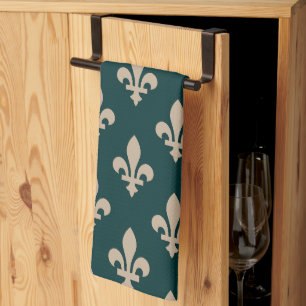 Fleur de Lis Pattern, Royal Franse crème op groen Theedoek