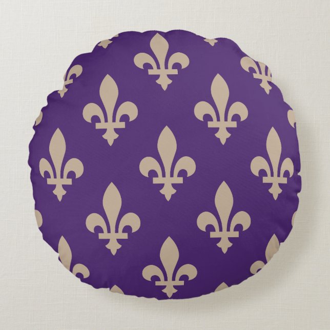 Fleur de Lis Pattern, Royal French Cream op Paarse Rond Kussen (Voorkant)