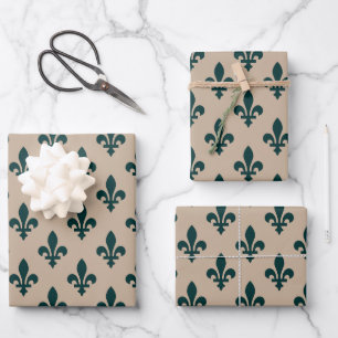 Fleur de Lis Pattern, Royal French Green on Cream Inpakpapier Vel