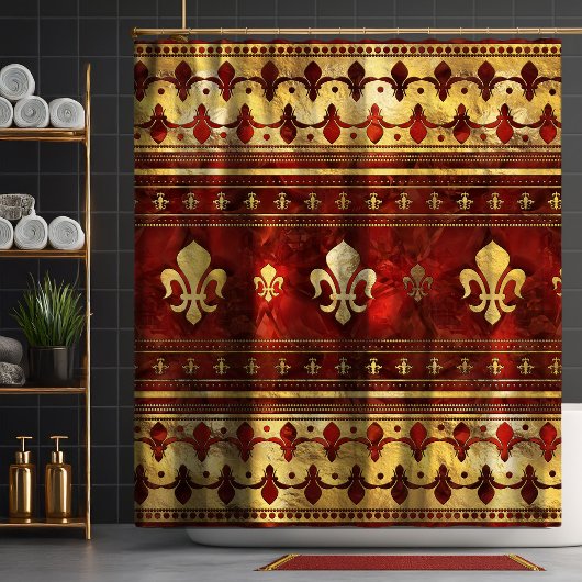 Fleur-de-lis Red Marble en Gold Douchegordijn