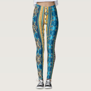 Fleur de lis Smoky Blauw Goud Geel Etnisch Patroon Leggings