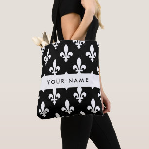 Fleur de Lis, Wit op Zwart, Wit, Uw Naam Draagtas