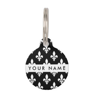Fleur de Lis, Wit op Zwart, Wit, Uw Naam Huisdierpenning