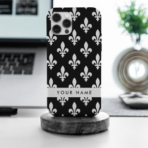 Fleur de Lis, Wit op Zwart, Wit, Uw Naam iPhone 15 Pro Max Hoesje