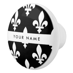 Fleur de Lis, Wit op Zwart, Wit, Uw Naam Keramische Knop