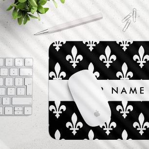 Fleur de Lis, Wit op Zwart, Wit, Uw Naam Muismat