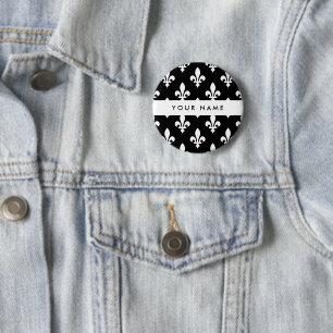 Fleur de Lis, Wit op Zwart, Wit, Uw Naam Ronde Button 5,7 Cm