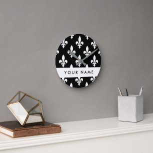 Fleur de Lis, Wit op Zwart, Wit, Uw Naam Ronde Klok