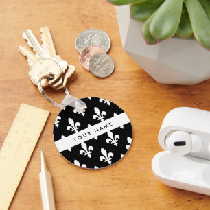 Fleur de Lis, Wit op Zwart, Wit, Uw Naam Sleutelhanger