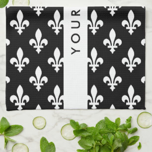 Fleur de Lis, Wit op Zwart, Wit, Uw Naam Theedoek