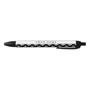 Fleur de Lis, Wit op Zwart, Wit, Uw Naam Zwarte Inkt Pen