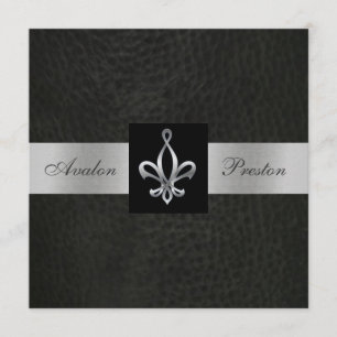 Fleur De Lis Zwart Nep Leer Monogram Uitnodiging