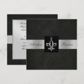 Fleur De Lis Zwart Nepleer Monogram Uitnodiging (Voorkant / Achterkant)