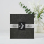 Fleur De Lis Zwart Nepleer Monogram Uitnodiging (Staand voorkant)