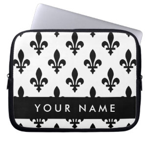 Fleur de Lis, Zwart op Wit, Zwart, Uw Naam Laptop Sleeve