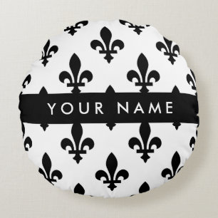 Fleur de Lis, Zwart op Wit, Zwart, Uw Naam Rond Kussen
