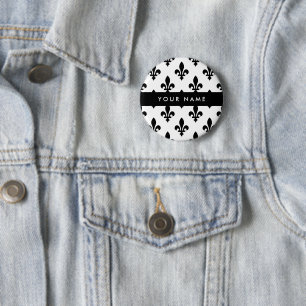 Fleur de Lis, Zwart op Wit, Zwart, Uw Naam Ronde Button 5,7 Cm