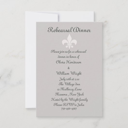 Fleur de Lise Rehearsal Dinner Invite Grays Kaart (Voorkant)