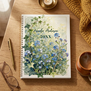 Fleur de myosotis bleu aquarelle et lierre vert