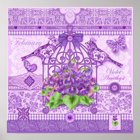 Fleur de naissance et Gem Février Poster d'oiseaux (Devant)