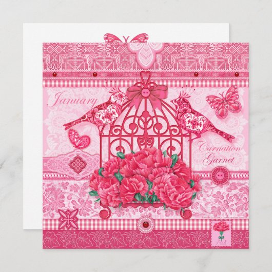 Fleur de naissance et Gem Janvier Carte Birdcage (Devant / Derrière)