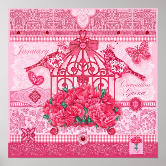 Fleur de naissance et Gem Janvier Poster d'oiseaux (Devant)