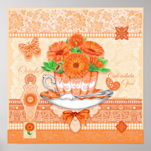 Fleur de naissance et Gem Octobre Poster de thé (Devant)